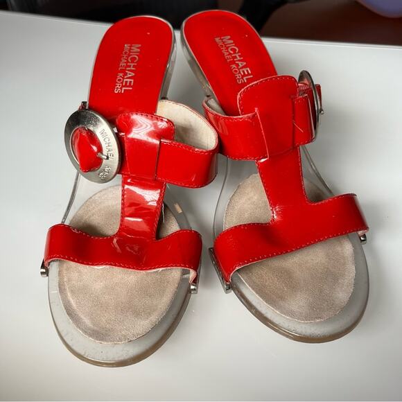 Michael Kors• Red Leather Sandals Platform Heels Silver Buckled Clear Heel - Picture 1 of 13